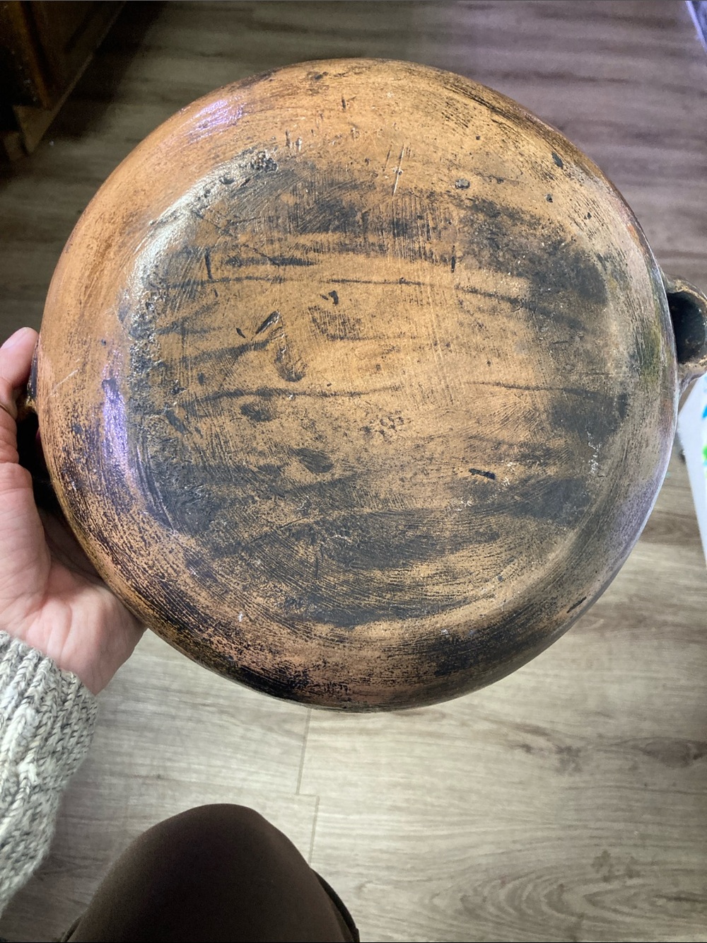 Hand Crafted Terracotta Serving Bowl with Green and White Floral Motif - Picture 5 of 8
